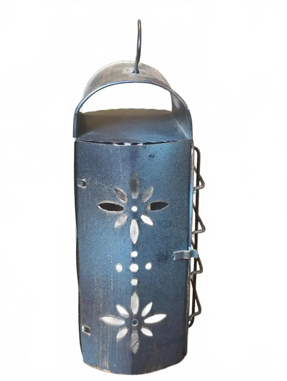 Vintage Punched Metal Lantern with Mini Oil Lamp Light